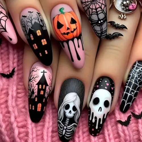 Halloween False Nails Skeleton Spider Web Press on Nails for Women Long Almond Cute Pumpkin Acrylic Nail Matte Artificial Glue on Nail Day of the Dead Manicure