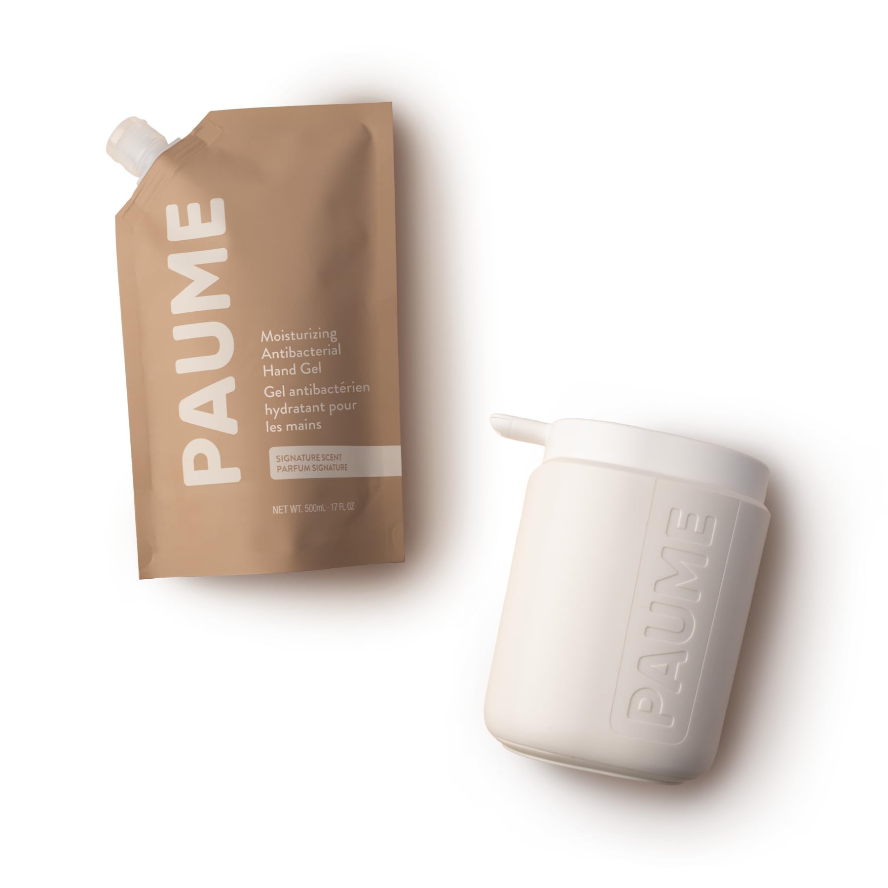 PAUME Sanitizer At Home Duo, Refillable Pump and 17 oz Antibacterial Gel Refill, Plant-Based Hydration & Essential Oils, Stylish & Modern Dispenser