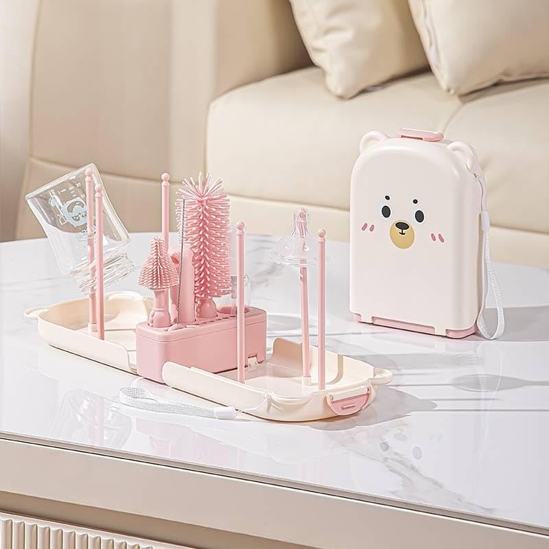 Image of TONY STARK Baby Non-Toxic, Bottle Cleaning Brushes Set with Stand for Baby Milk Bottle, Nipple, Straw,Silicone Bristle Bottle Cleaner Brush for Movable Cleaning (Blossom Bear (Pink))