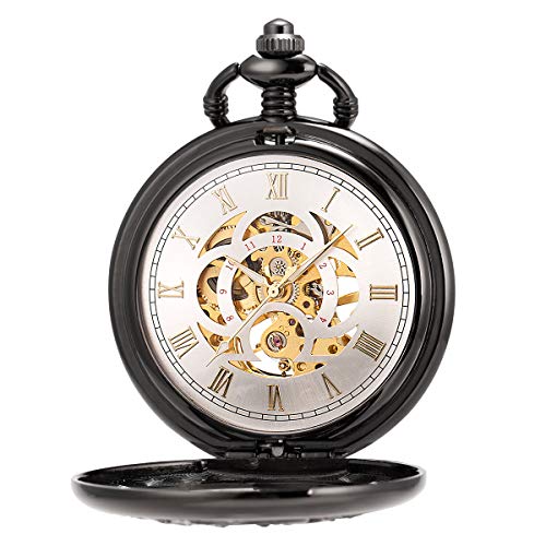 Image of ManChDa Antique Mechanical Pocket Watches for Men Lucky Dragon Phoenix Pocket Watch with Chain Skeleton Dial Roman Numerals Gifts for Fathers Day