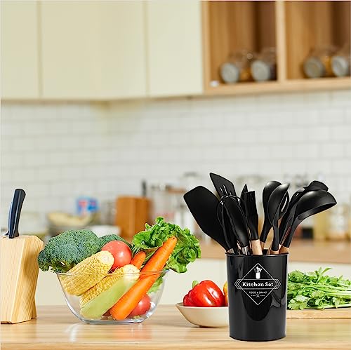 Kitchen Silicone Utensil Set,12 Pcs Non-Stick Silicone Kitchen Cooking Utensils With Wood Handles,Kitchen Spatula Cookware Utensils Set For High Heat Resistant Silicone Kitchen Gadgets Set(Black) #TOP6