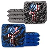 Play Platoon Tournament Series Cornhole Bags - Pro Style Dual Sided Slick and Sticky Side Bags - Set of 8 - Designed in USA - 4 Blue & 4 Gray American Flag Skulls