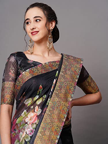 Image of AKHILAM Women's Ikat Linen Saree With Blouse Piece