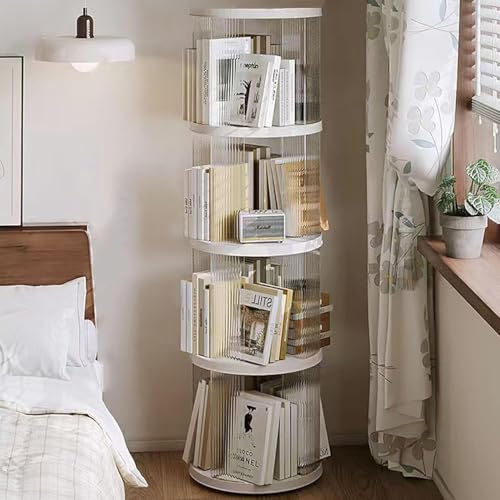 Image of FAQINZYUAN 4 Tier Rotating Bookshelf Tower,360 Display Rotating Bookshelf,53.4 inch High Small Space Revolving Bookcase, Home Office Spinning Bookshelf Tower(Round, White)
