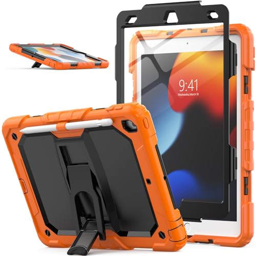 SEYMAC stock iPad 9th/8th/7th Generation Case, Shockproof iPad Case 10.2 Inch with Folding Stand/Pencil Holder & Screen Protector, Heavy Duty Protective Case for iPad 2021/2020/2019 10.2 inch, Orange