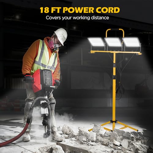 30000 Lumen LED Work Lights with Stand - 3 Adjustable Head Waterproof Foldable Tripod Light, 6500K Daylight (47-68" Height) & 18FT Cord - IP66 Rated for Construction Sites, Garage, Outdoor - Image 6
