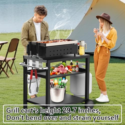 Image of BBQCuker 29.5''x19.6'' Outdoor Grill Cart, Pizza Oven Table Stand, 3-Shelves Food Prep Table for Ninja Woodfire, Ooni Pizza Oven, 17'' & 22'' Blackstone Griddle, Grill Stand for Picnic, Camping