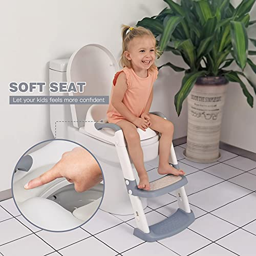 Potty Training Seat with Step Stool Ladder, Potty Training Toilet for Kids Boys Girls Toddlers-Comfortable Safe Potty Seat with Anti-Slip Pads Ladder (Grey)