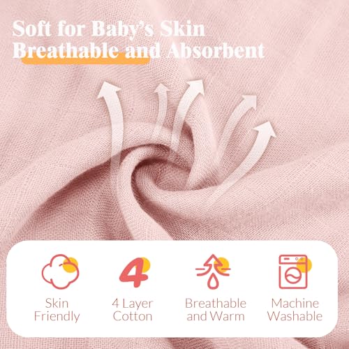 Image of Preboun 6 Pcs Muslin Hooded Baby Towels and Washcloths 32 inchx 32 inch Cotton Newborn Bath Towel Anti-Shrink Infant Baby Blankets with Hood 12 inchx 12 inch Washcloths for Girl Boy Toddler(Ivory,Pink)