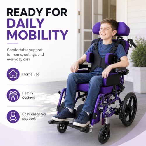 Image of Pediatric Cerebral Palsy Wheelchair - Foldable Adjustable Reclining Wheelchair for Kids,Children's Mobility Wheelchair,Ergonomic Medical Transport Chair for Children with Special Needs (Purple)