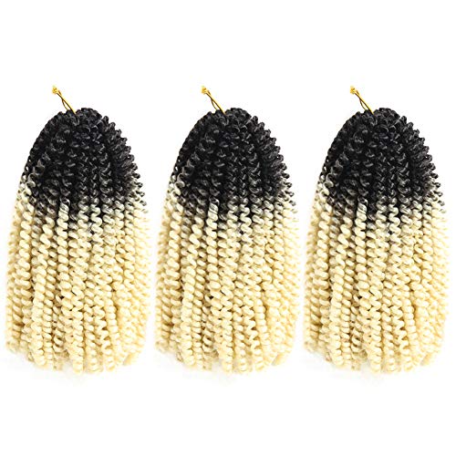 Spring Twist Hair Ombre Colors 3 Packs Synthetic Braiding Hair Extensions 8 inch fashion Crochet Braids (8 inch (Pack of 3), Black Blonde)