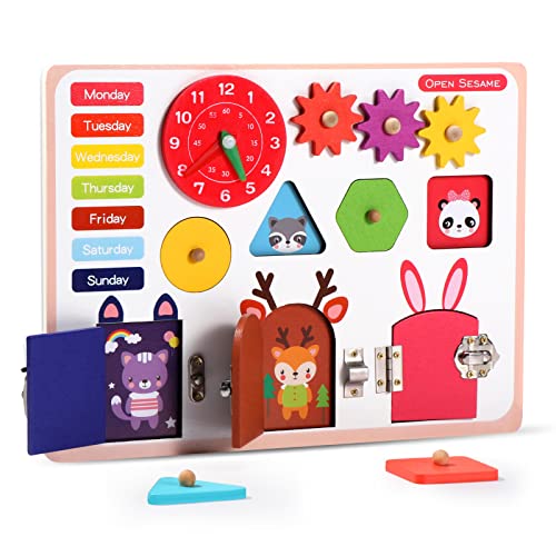 Yoocaa Holzspielzeug Busy Board für Kleinkinder, Activity Board Montessori Motoriktafel Spielzeuge ab 1 2 3 Jährige, Pädagogisches Reisespielzeug Sensorisches Spielzeug Cover