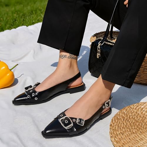 Women's Slingback Flats Closed Pointed Toe Low Heel Dress Flat Shoes Buckle Pathent Leather Ballet Flats for Women 2025 Comfrotable Work
