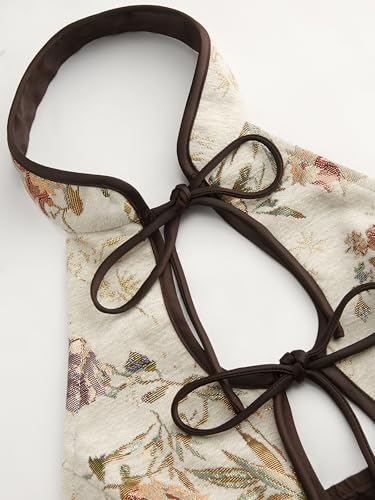 CIDER Mini Dress Floral Halter Neck Dresses Tie Front Cut Out Middle Waist Short Length Dress2