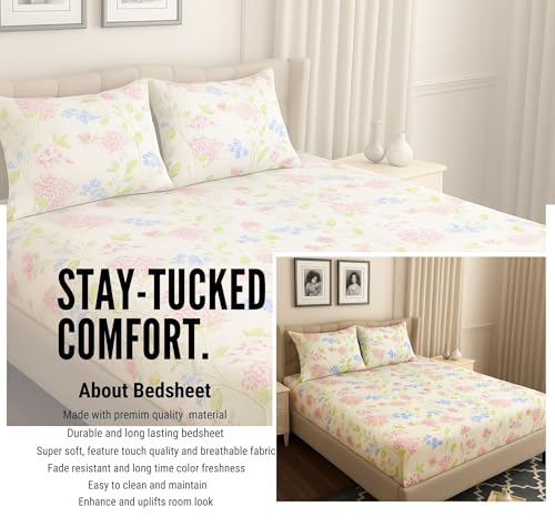 Image of HOMEKART 120 TC Cotton Rich Elastic Corner Fitted Bedsheet with 2 Pillow Covers | Double Bed 72x68+6 Inches | Wrinkle-Free, Super Soft & Breathable Floral Design | Pink & Blue