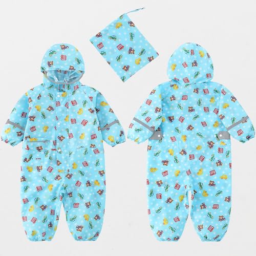 Image of Fewlby Toddler Rain Suit for Boys Girls Kids Raincoats With Hood One Piece Baby Rain Jacket Waterproof Coverall 1-10 Years