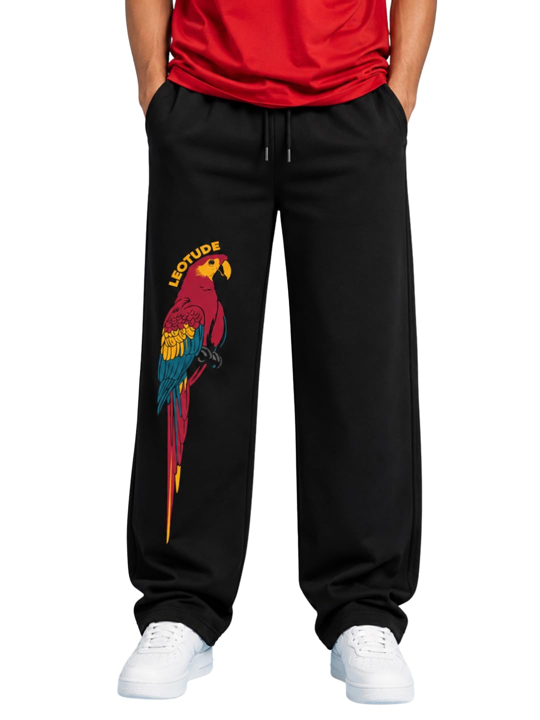 leotude Men's Premium Cotton Printed Baggy Track Pants | Korean Style Joggers | Relaxed Fit Casual Streetwear Trousers | Soft Cotton Blend Gym, Travel Track for Mens (Black)-picture-16