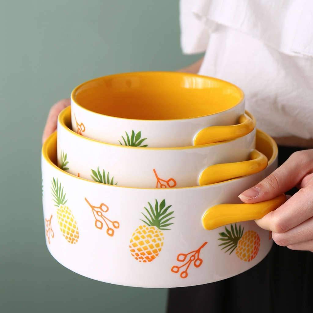 Suppenschüssel mit 2 Griffen, Suppentassen mit Griffen in China Porzellan Keramikofen Mikrowellengeeigneter mikrowellengeeigneter Geschirrspüler Küche Groß für Nudeln Obstsalat-Ananas-1000ML
