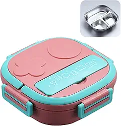 Marmita Lancheira Térmica Infantil e Adulto Portátil Recipiente Para Comida com 3 Compartimentos Reutilizáveis de Aço Inoxidável à Prova de Vazamentos (Rosa)