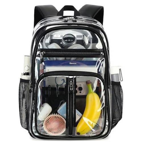 Image of Cusangel Clear Backpack Heavy Duty for Stadium events,TPU 16in BookBag | See Through Large Capacity 6 Pocket Stitch durable plastic bag,For School work Warehouses Airport security,check(Black)