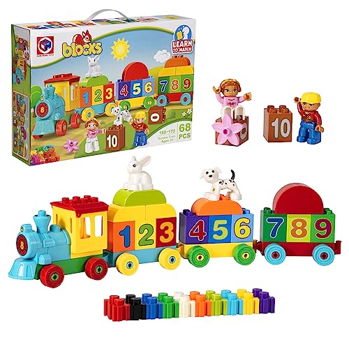 Wisplye Tren de los Números, Bloques de Construcción con Ladrillos Grandes y Figuras, Juguete Educativo Montessori para Bebés Niños Niña 3 4 5 6 7 8 Años Navidad Cumpleaños Regalo, 68 Piezas