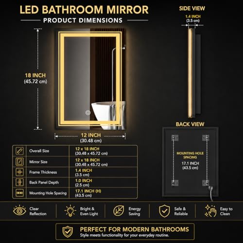Image of LED Smart Bathroom Mirror with Touch Sensor | 3-in-1 Light Modes - Warm White | Cool White & Natural Light | Office and Home Use (Portrait 2, 12x18)
