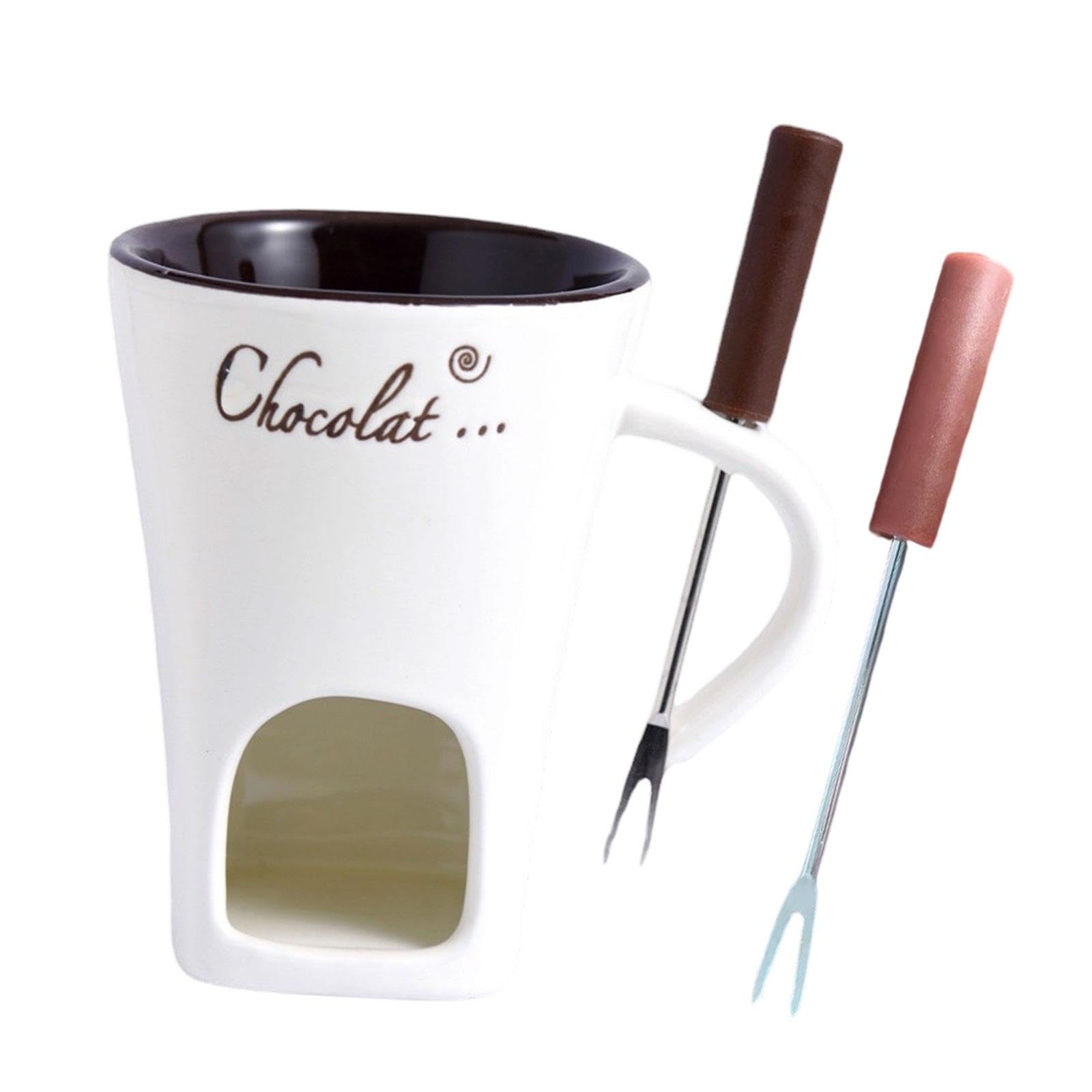 Mug Fondue Au Chocolat Céramique 130ml Avec 2 Fourchettes - Réchaud Bougie Maison Fêtes