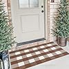 KOZYFLY Buffalo Plaid Area Rugs 275×43 Inches Coffee and White Checkered Rug Washable Front Door Mat Hand Woven Cotton Outdoor Rug Small Rug for Front Porch Kitchen Entryway Patio Bathroom