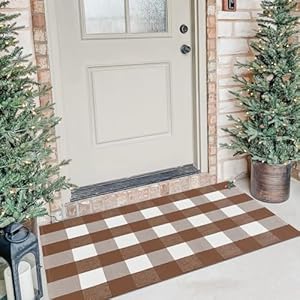 KOZYFLY Buffalo Plaid Area Rugs 275×43 Inches Coffee and White Checkered Rug Washable Front Door Mat Hand Woven Cotton Outdoor Rug Small Rug for Front Porch Kitchen Entryway Patio Bathroom