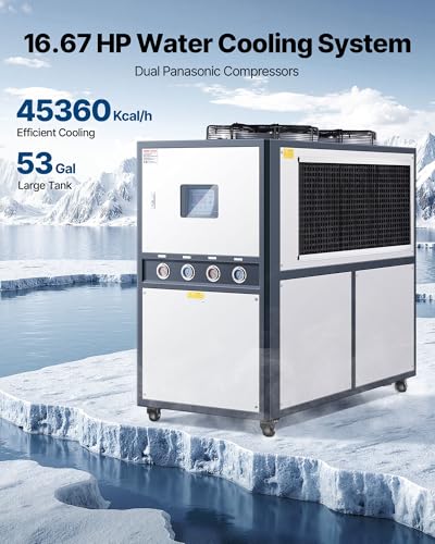 Image of VEVOR Air-Cooled Water Chiller, 16.67 HP, Industrial Water Chiller with 45,360 Kcal /h Cooling Capacity, Dual Compressor, 53 Gal Large Tank, LED Display, Cooler for Cooling Water, Not Air Conditioner