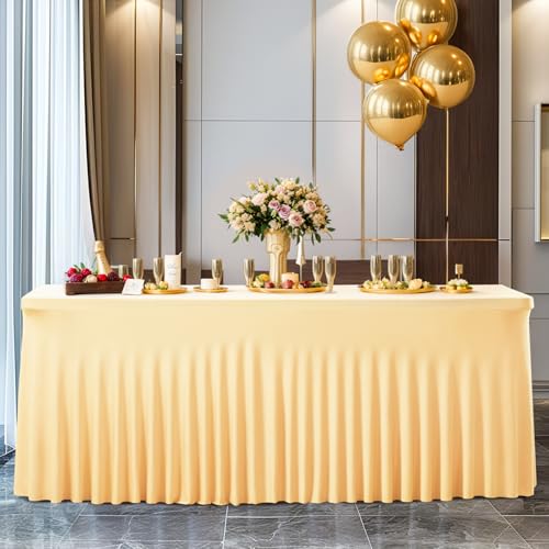Image of Besutolife Champagne Spandex Tablecloth 6ft Rectangle Table Skirt Stretch Table Cloth for Banquets Parties Wedding Dining Table