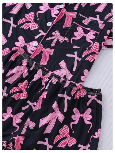 Image of SHENHE Women's 2 Piece Pajama Set Bow Graphic Button Down Short Sleeve Lapel Shirt Pj Short Set