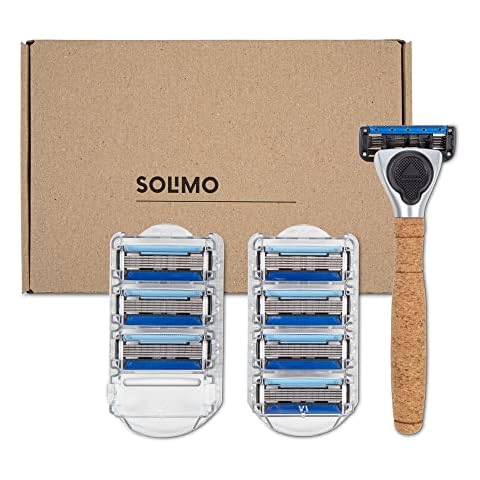 Amazon Brand - Solimo Men 5-Blade Razor with Cork Handle and 8 Refills Cover