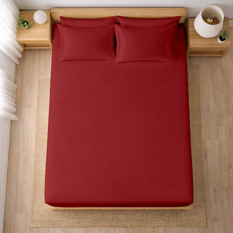 Image of Filbert - Premium Satin Fitted Bedsheet Single Bed (36x75 Inch) with 1 Pillow Cover | Hypoallergenic Breathable | Hair and Skin Friendly, Women Gift Choice|Crimson Burgundy