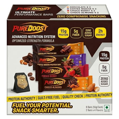 Image of Protein Bars Variety Pack | 15g Protein & 5g Fiber | Zero Added Sugar | Healthy Snack for Gym, Weight Loss & Energy | Chocolate, Coffee Mocha, Choco Berry & Choco Almond 50g (Pack of 8)