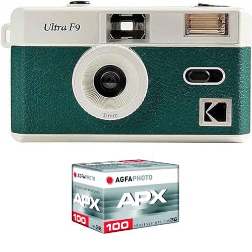 Kodak Pack F9 Argentique + Pellicule 100 ASA - Appareil Photo Rechargeable 35mm Vert, Objectif Grand Angle Fixe, Viseur Optique, Flash Intégré + Pellicule APX 100, 36 Poses