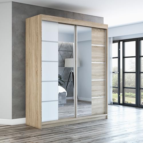 A&J MöbelLand Schwebetürenschrank ERA Kleiderschrank 2-türig mit Spiegel, Garderobe 180 cm (Sonoma/Weiß/Sonoma)