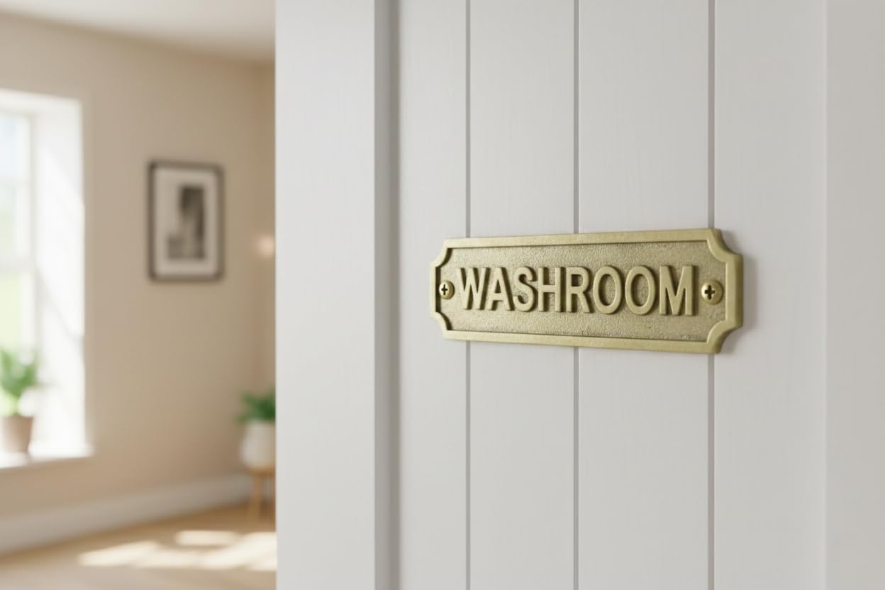 Brass WASHROOM Door Sign Plaque 22 x 5 cm Wall Mount Restroom Name Plate with Screws for Home Office Bathroom Door Signage Indoor Outdoor Use