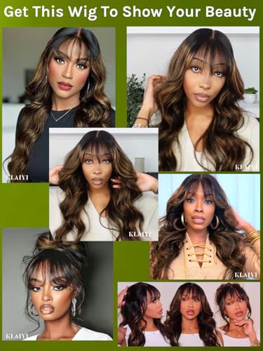 Image of KLAIYI Ombre Brown Loose Body Wave Bye Bye Knots Glueless Precut 7x5 HD Lace Front Human Hair Bang Wig Drawstring Highlight Balayage Brown Pre Plucked Bleached 30S Ready to Wear and Go Wig 180% 24Inch