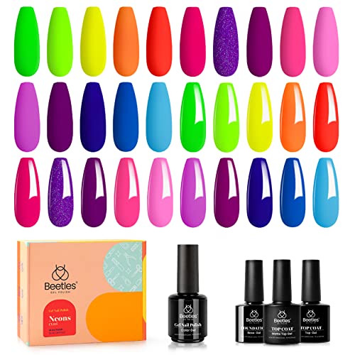 Beetles Gel Nail Polish Kit, 19 Pcs 15ML Neon Collection Gel Polish Set with Base Gel Glossy & Matte Top Coat, Bright Orange Green Yellow Red Blue Purple Gel Polish Nails Art Gifts for Women