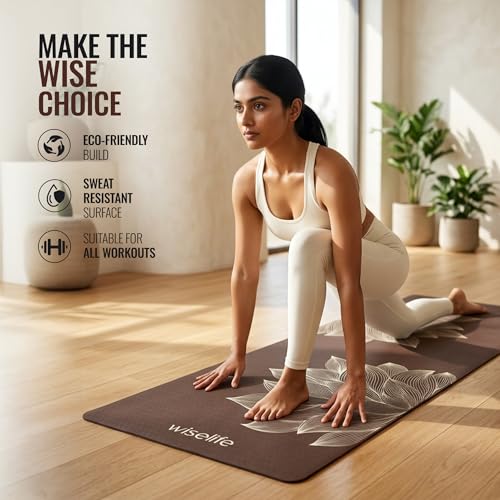 Image of Wiselife tpe Printed 6MM Yoga Mat + Yoga Strap For Men, Women, Kids|Anti-Slip Extra thick, long & Wide Exercise Sports Mat For Workout, Fitness, Yoga, Gym, Home & Pilates (Lotus-Brown)