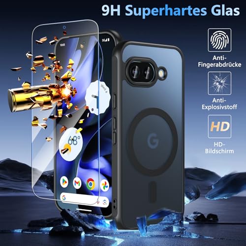 OWKEY Google Pixel 9a Hülle, Magnetisch Pixel 9a Hülle für Magsafe mit Panzer Glas, [Schutz in Militärqualität] Translucent Matte Stoßfest Handyhülle Pixel 9A Case Dünn Cover Schutzhülle, Schwarz 3