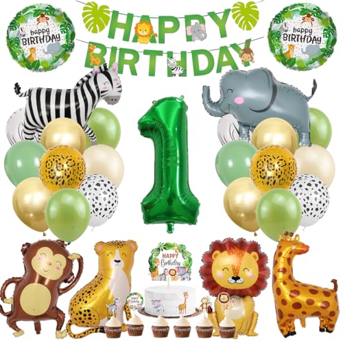 Animales de la Selva y Safari - Kit 41 Piezas con Globos Látex Oro Verde, Pancarta de Cumpleaños para Fiesta Niño y Niña