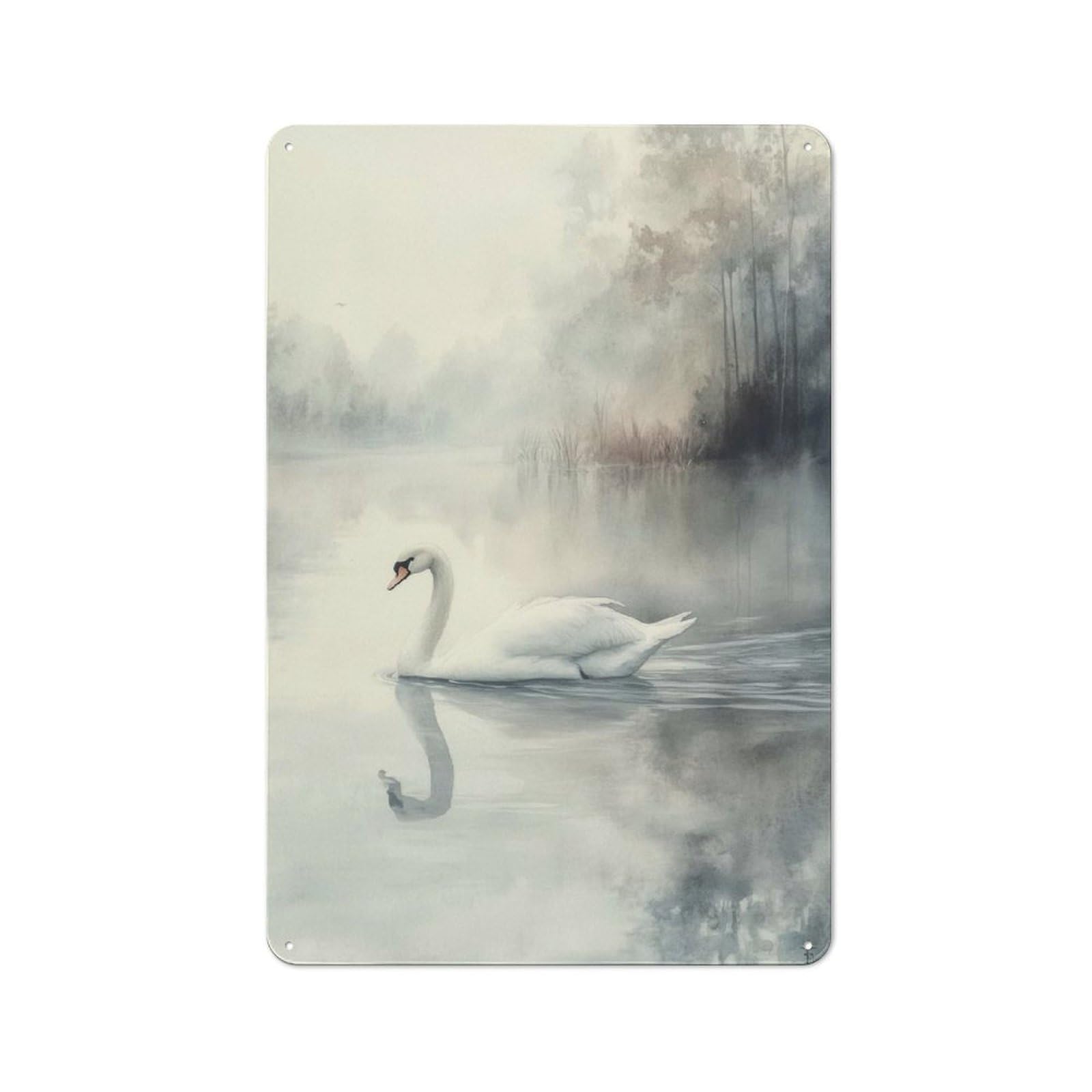 Junmoney Swan In Misty Lake Classic Metal Wall Plaque 30X20cm Featuring Creative Space Decor For Workspace, Cafe, Shop Or Desk Area