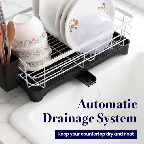 Image of Kuber Industries Stainless Steel Kitchen Drying Rack with Drain Tray & Cutlery Holder | Countertop Utensils Stand | Dish Rack for Kitchen | Bartan Stand | White
