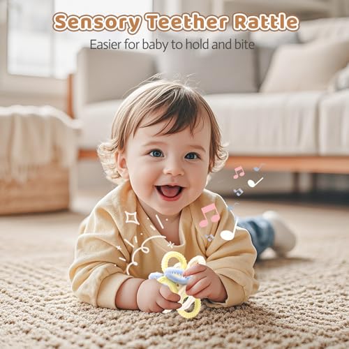 Image of Baby Teething Toys 3 in 1 Silicone Teethers - BPA Free Food Grade Silicone Teething Ring Rattle Toys for Babies 3-6 Months 6-12 Months, Soft & Easy Hold, Baby Chew Toy for Toddlers (Yellow)
