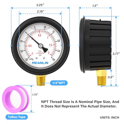 Image of MEANLIN MEASURE -30inHG~30Psi Stainless Steel Vacuum Pressure Gauge 1 /4 inch NPT 2.5 inch FACE DIAL with Rubber Protective Sleeve, Lower Mount