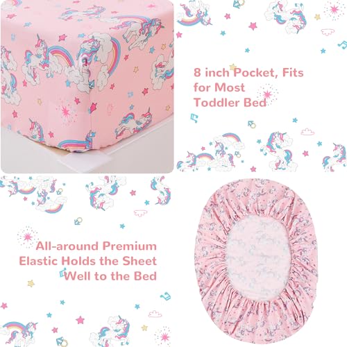 Image of lasoftan Pink Unicorn Toddler Bedding Set for Girls, 4 Piece Bed-in-a-Bag Toddler Comforter Sets, Super Soft and Comfortable Microfiber Todeeler Bed Set
