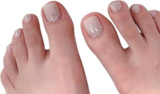 Nude with Glitter Press on Toenails with Rhinestones Square Short Full Cover Fake Toenails 24PCS Toe Nails Fake Nails with Glue Sticker, Glue Stick and Nails File False Gel Toes Nails Tips Sets for women Teens Girls