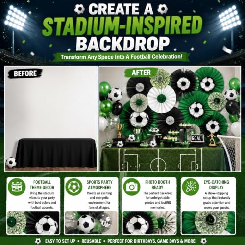 Image of Atpata Funky 12pcs Football Theme Party Decorations - Soccer Ball Paper Fans for Birthday, Sports Party, Match Day, Boys Room Decor - Hanging Paper Rosettes in Green, Black & White Colors